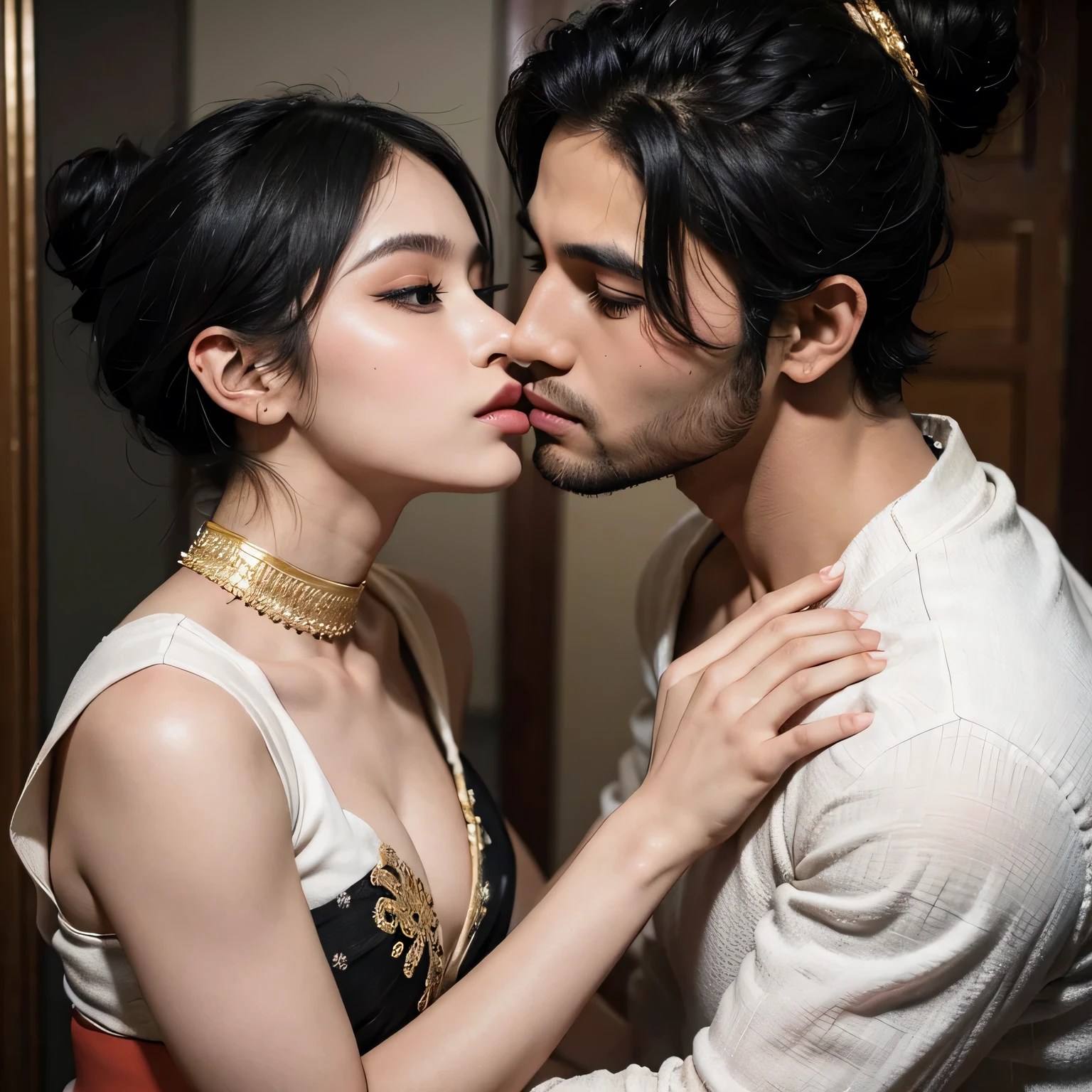 Shirtless boy kissing a sexy and cute woman with black hair tied in a neat bun and smokey eyes wearing eyeliner wearing white saree with gold embroidery