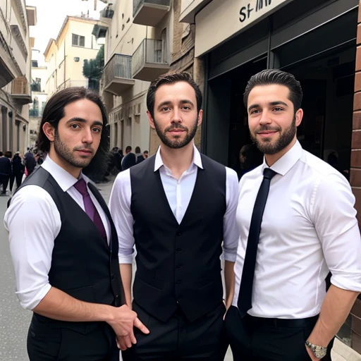 group of Asmonean Jews gathered in a street dressed in a dress shirt with vest, black pants and sneakers. focusing on the characters' faces. 4k image