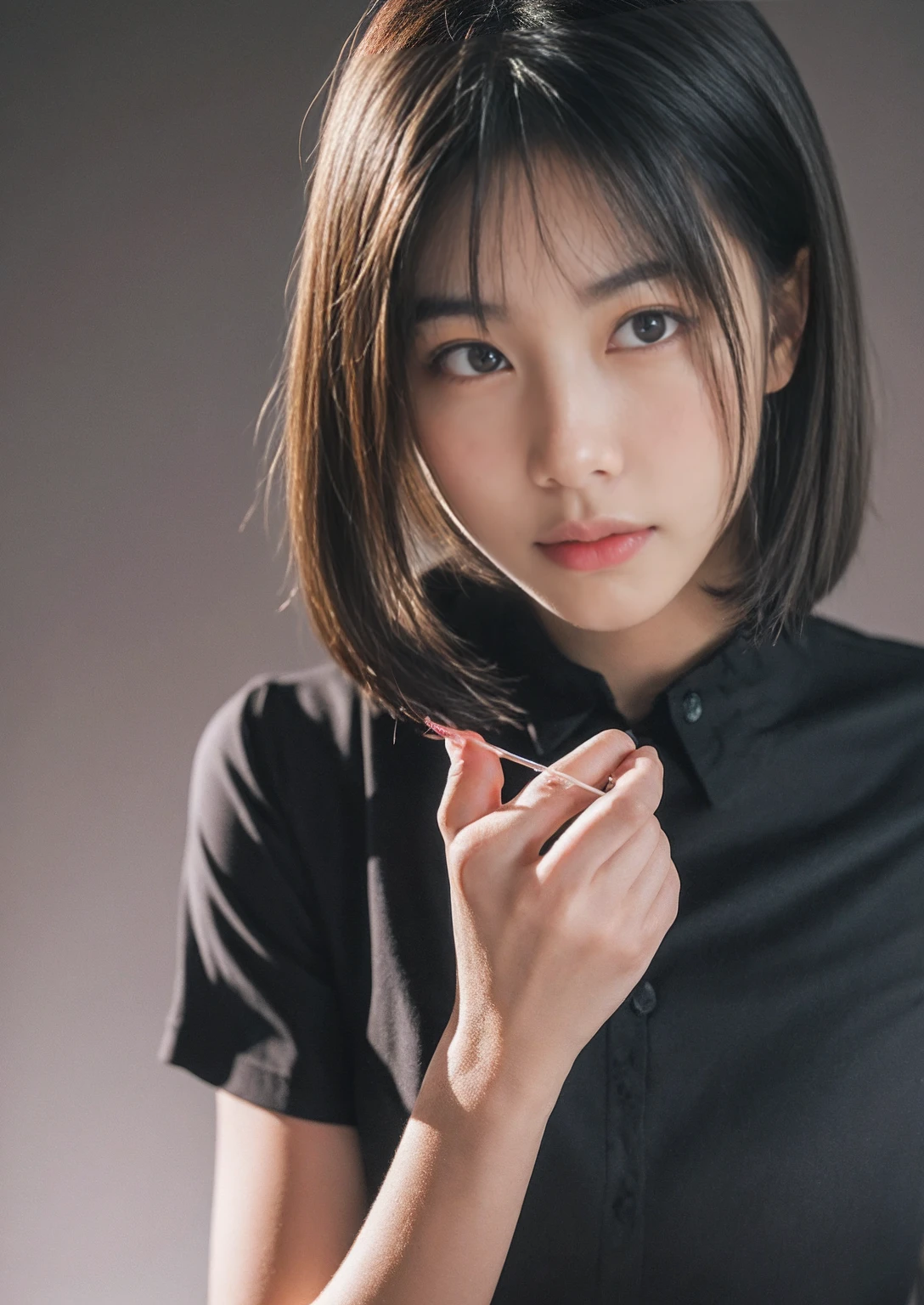 (Masseter muscle area)， Realistically， 16 years old,Photorealist， One Girl，  alone，Beautiful Face、A vivid face、Black-haired、short hair、Beautiful hairstyle、Lips parted， Realistic Skin、Beautiful skins、attractive、Cute blouse、 Upper body，Detailed，Dark Background，Backlight、
