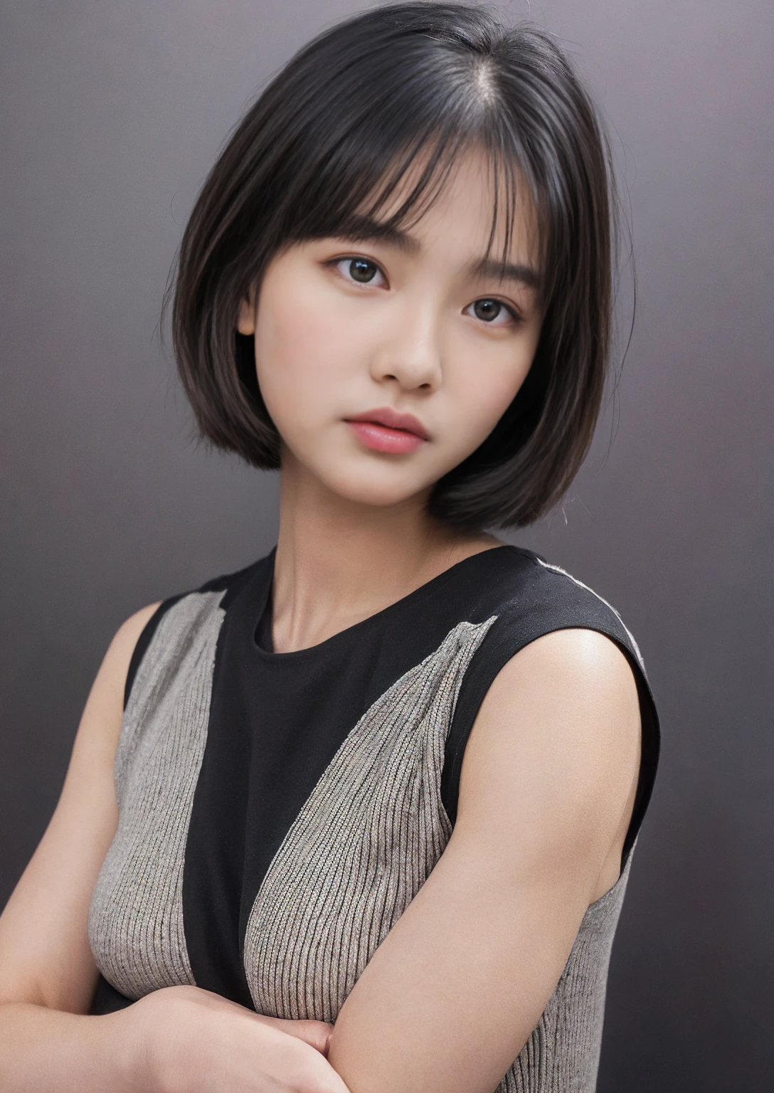 (Masseter muscle area)， Realistically， 16 years old,Photorealist， One Girl，  alone，Beautiful Face、A vivid face、Black-haired、short hair、Beautiful hairstyle、Lips parted， Realistic Skin、Beautiful skins、attractive、Cute blouse、 Upper body，Detailed，Dark Background，Backlight、