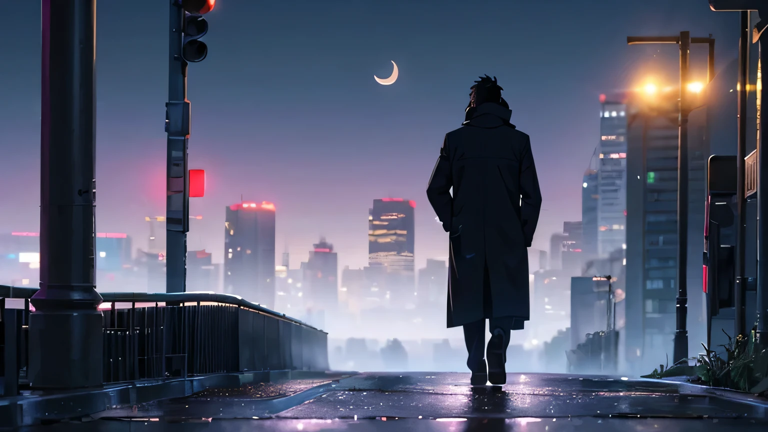 A peaceful night scene in an urban city. A lone character walks through empty streets, lit only by soft street lamps and neon lights. He is wrapped in a coat, headphones on, lost in thought while listening to lofi music. The shadows of trees and buildings stretch across the ground wet from the previous rain. In the background, skyscrapers rise against the night sky, while clouds partially obscure the moon. The atmosphere is calm and contemplative, conveying a feeling of tranquility and reflection
