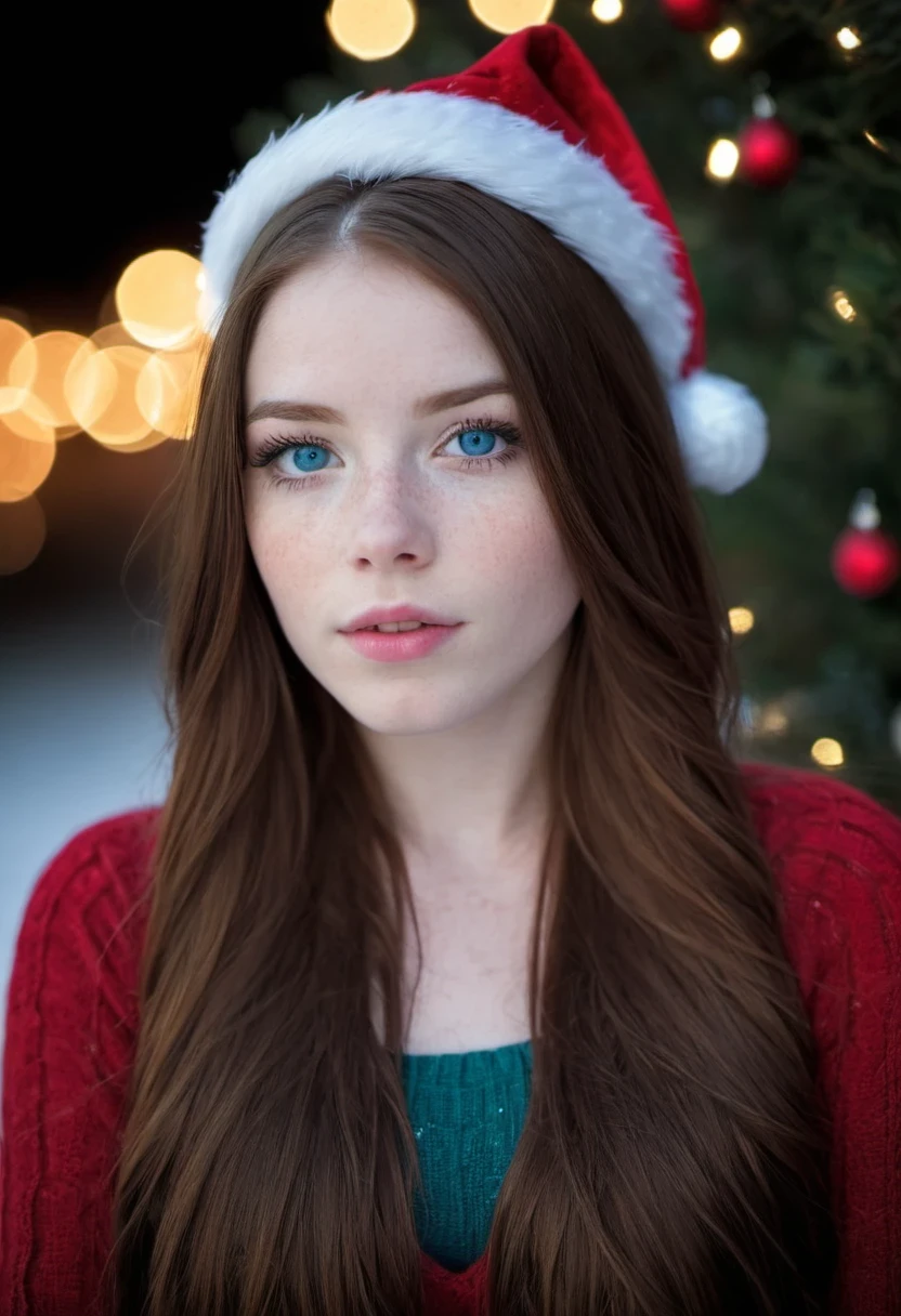 photograph of a cute adult girl, cabello rojo, pale skin, pecas, rubor, Inocente, y cara juvenil, ojos azul plateado, usando una capa, festival de navidad de la ciudad, nevada, Porta 160 color, disparo en ARRI ALEXA 65, bokeh, afilado focus on subject, disparado por Don McCullin, NSFW, (textura natural de la piel, hyperrealism, Luz tenue, afilado), (Ojos redondos perfectos:1.3), Captura la esencia de su belleza., Enrich the composition with soft., Diffused natural light that accentuates textures and colors., creando una imagen atemporal y culturalmente rica