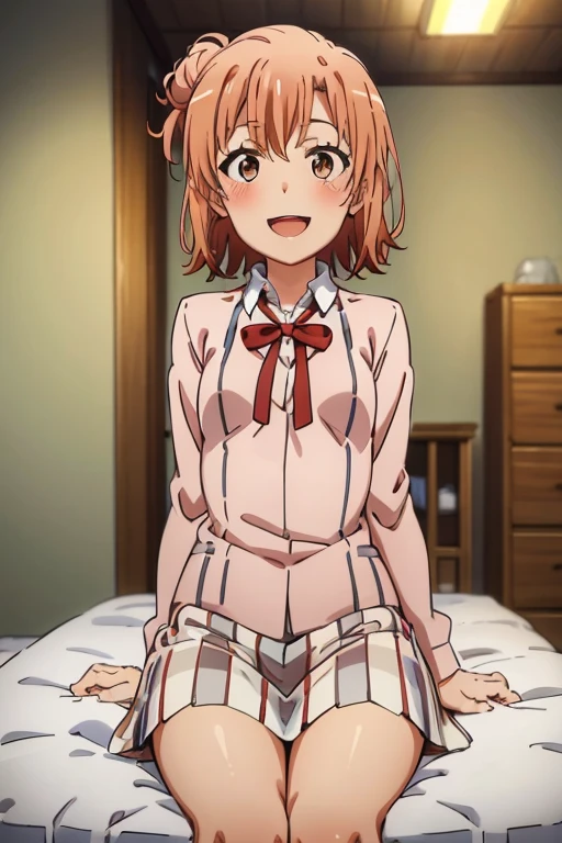 ((highest quality)), ((masterpiece)), (be familiar with), Perfect Face, indoor, Bedroom, Watching the audience,
One woman, Yuigahama Yui,
Open Mouth, Ecstatic expression, blush, smile,
Small breasts, Flat Chest, Young Girl, , , Girl,
Short Hair, Salmon-colored hair, Salmon-colored eyes, Side Pony,
Leg spread,