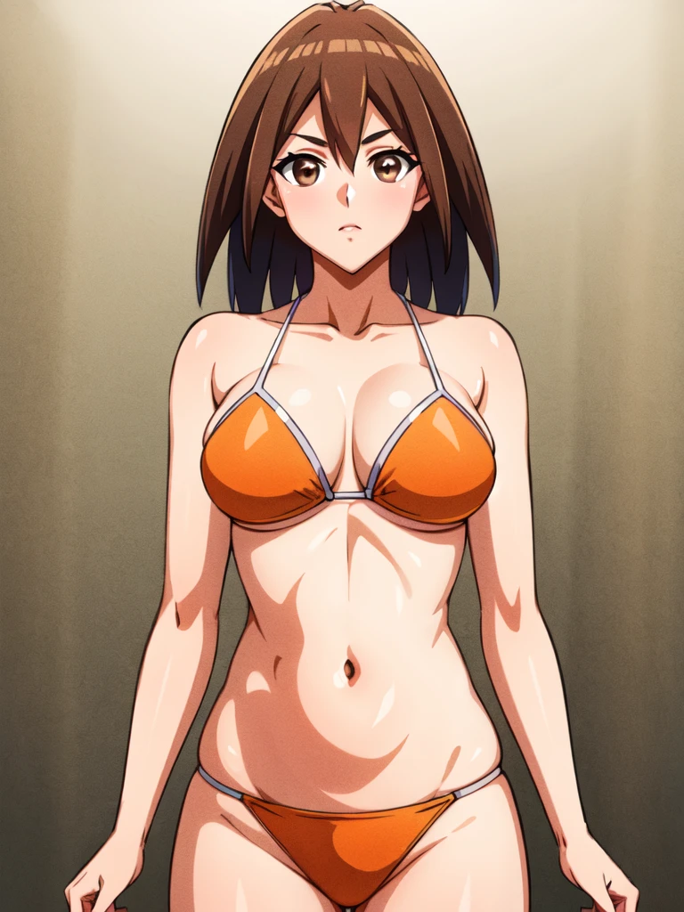 (makurada junko, brown hair, brown eyes), shiny skin, orange bikini, navel, perfect lighting, masterpiece, high quality, simple white background