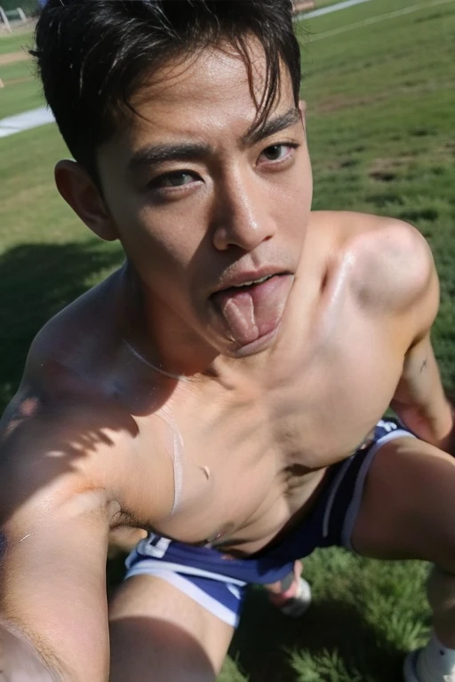 Boy on rugby field，sweat leggs，Photos during exercise, topless masculine，Exquisite facial features，virile，musculature，rich facial detail（（micro thong ））closeup cleavage , sexy , NSFW. ,eroticism , erect nipples. Long hard nipples , swollen nipples , full length shot(fls) , sexy ,NSFW , eroticism , (((thirsty face for my cum))) , blushed face , kneeling Infront of me , cum shoot on his tongue , being strangled 
