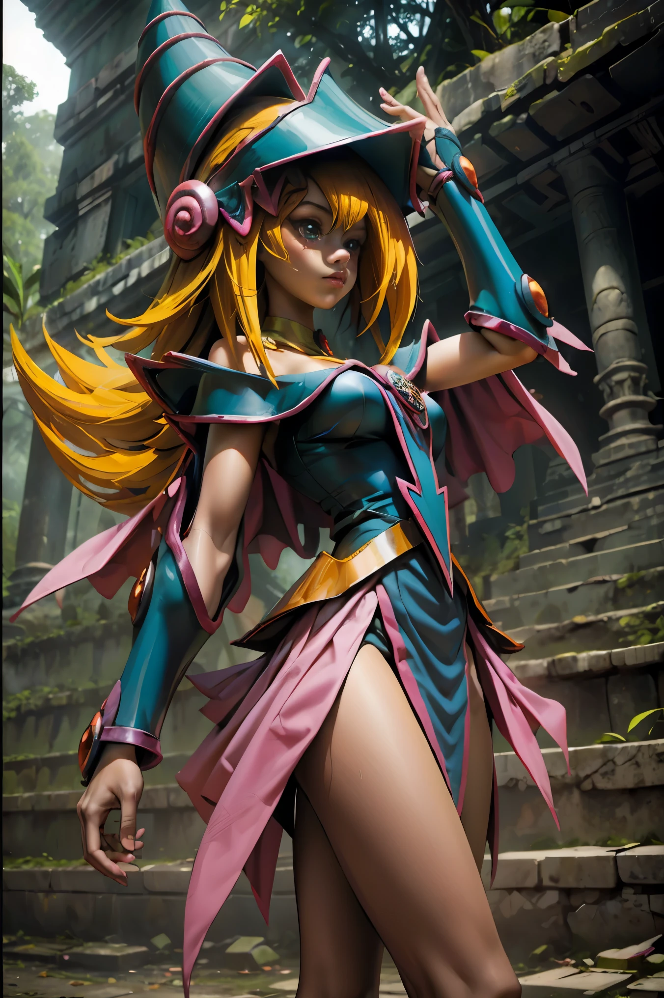 Hermosa dark magician gils. She is in the Mayan jungle. En medio de las ruinas mayas de Tikal.