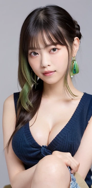 masterpiece、highest quality、8k,Ultra-high resolution、RAW Photos、Ultra-high resolution、日本people々、beautiful girl、1people々、woman, (Flower Hair Ornaments,Braided top knot,Twisted Side Part Ponytail Braided Headband,Half Up、Braided Space Van,Voluminous fishtail braid,Twisted pan),(Asymmetrical bangs)、 (Ultra-realistic),Round face、 Beautiful and beautiful eyes, Lifted eyes、Big eyes、double eyelid、Thin eyebrows、Red around the eyes、dolly make、Thin lips, (Loose see-through blouse(beige color))、(knit micro mini skirt(Navy blue)), A kind smile, Professional photography, Cinematic Light, (Very beautiful face: 1.2),(Large Breasts:1.4)、Cleavage、Voluptuous thighs、(right eye(green))、(left eye(green))、A photo from head to knee