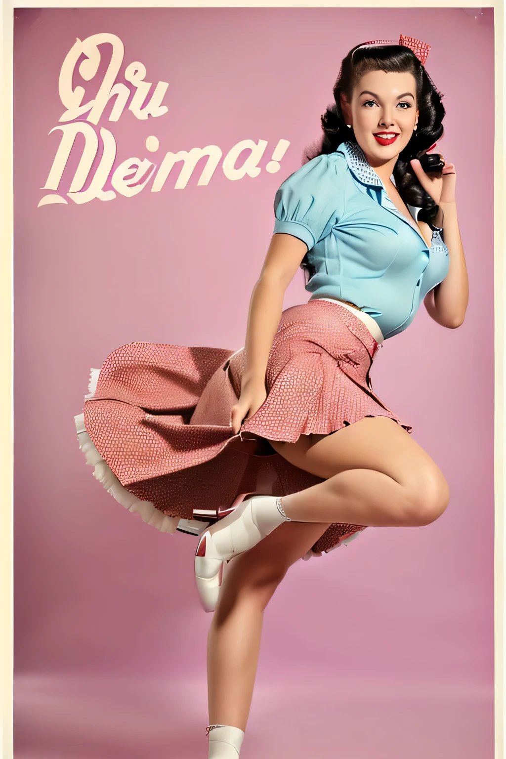 perfect sexy face, Ultra high resolution The girl leans forward at full heigh adding mystery and sexuality. (((Full length. the fluffy skirt rides up in the strong wind))) (((full skirt in pin-up style, knee length))) The dress in the style of the 1950s polka dot, ((((girl bends down to her legs.)))) stands on her feet leaning forward in the style of pin-up posters, . happy Smiling face. (((posing with her skirt up like girls on pin-up posters))) (pin up style clothes)