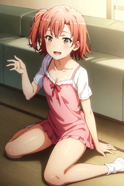 ((highest quality)), ((masterpiece)), (be familiar with), Perfect Face, indoor, Bedroom, Watching the audience,
One woman, Yuigahama Yui,
Open Mouth, Ecstatic expression, blush, smile,
Small breasts, Flat Chest, Young Girl, , , Girl,
Short Hair, Salmon-colored hair, Salmon-colored eyes, Side Pony,
Leg spread,