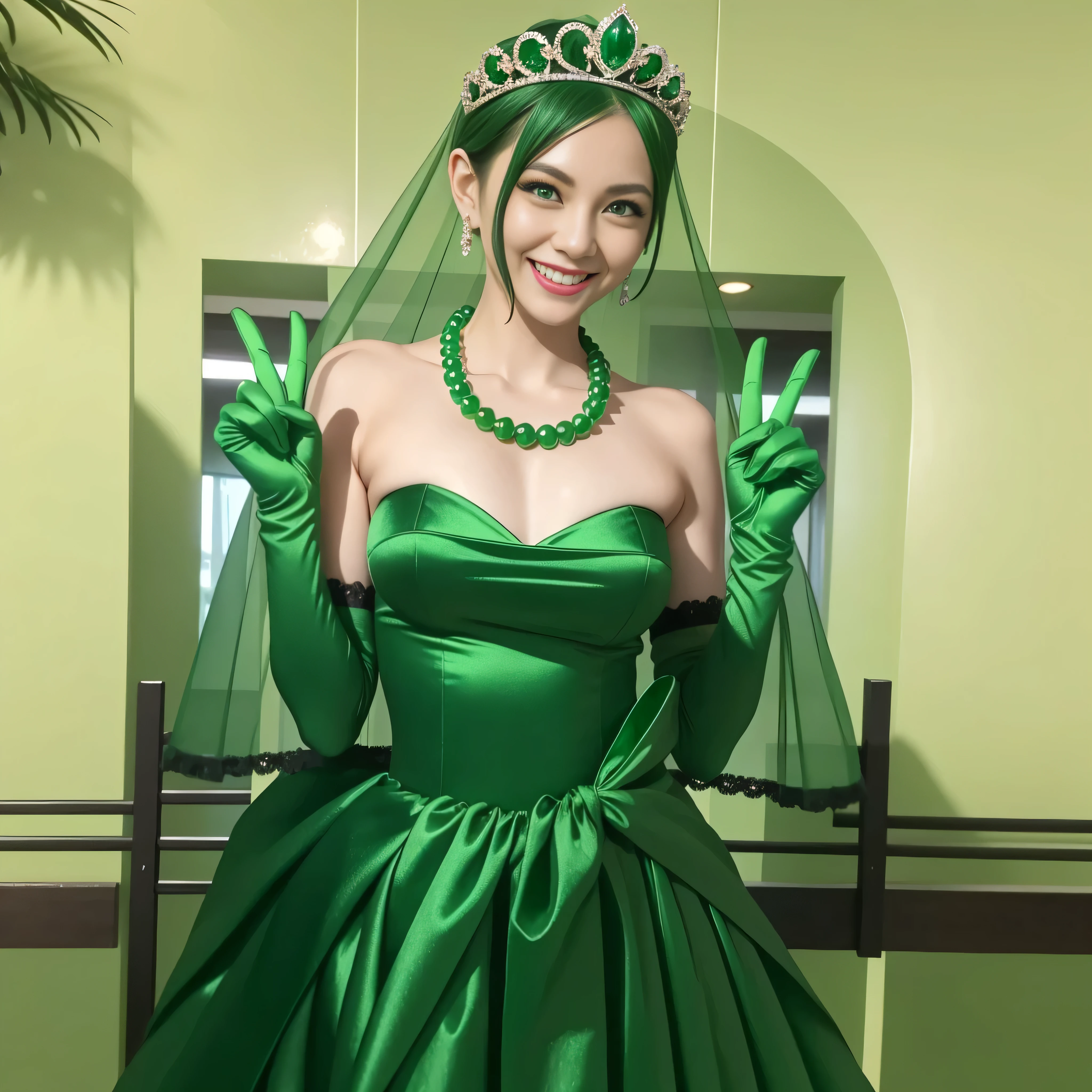 Emerald tiara, Green Pearl Necklace, Boyish very short green hair, lipstick, Smiling Japanese woman, Very short hair, Big tits beautiful, Green Eyes, Long green satin gloves, Green Eyes, v sign, Emerald Earrings, Green Veil