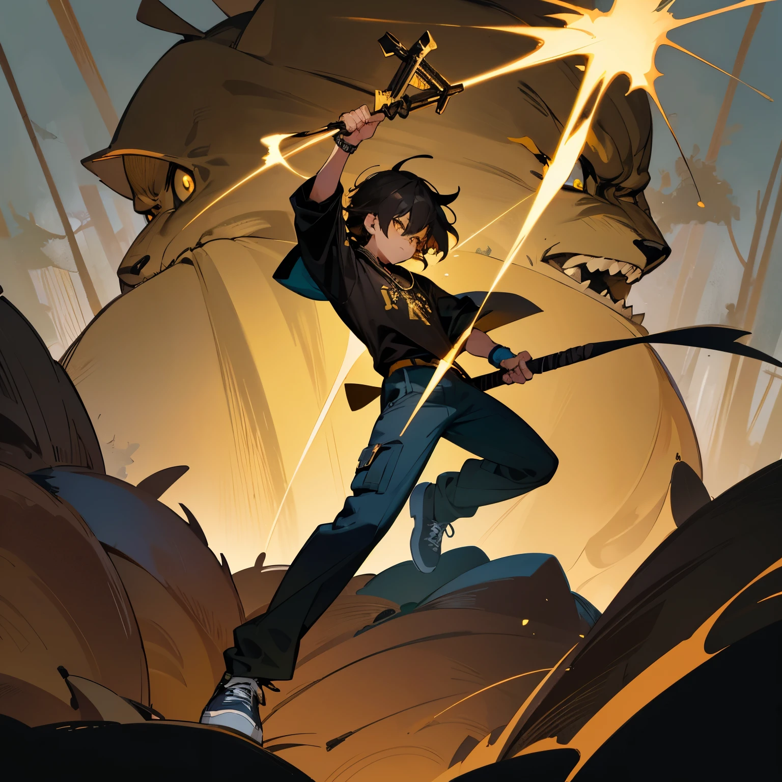 adult man, toned, mexican, japanese, dark brown fluffy hair, yellow eyes, black and gold hoodie, black t-shirt, dark blue cargo pants, dark blue and white shoes, cross necklace, watch, holding a bo staff, in a forest