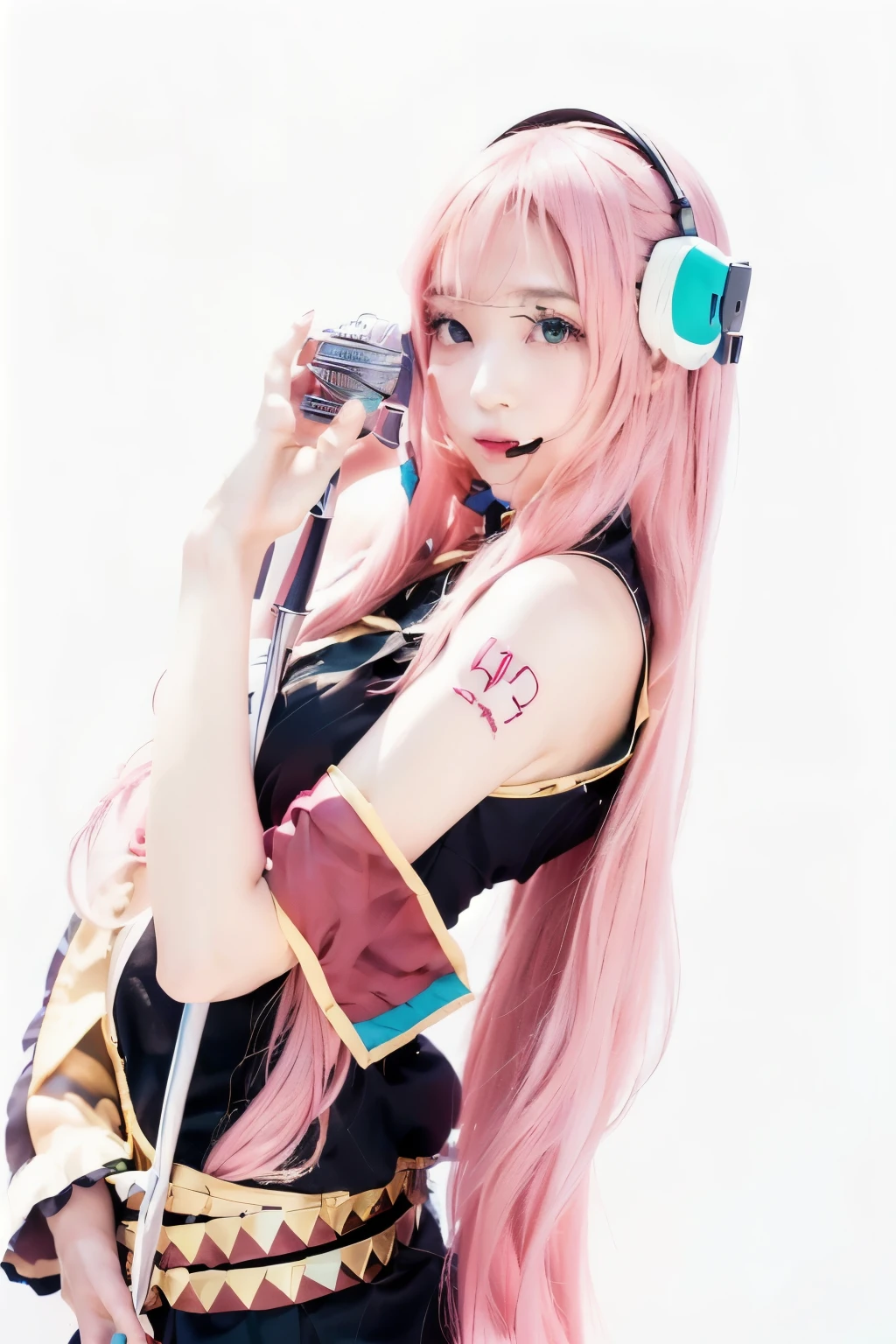 a close up of a woman con cabello rosado holding a microphone, vocaloid, chica anime cosplay, anime cosplay, Hatsune Miku cosplay, cero dos, Ayaka-Cosplay, cosplay, sakura haruno, con cabello rosado, anime peripheral, bella delfina, Los muertos, chica anime llamada lucy, sakura kinomoto, Hatsune Miku, hana yata, mikudayo