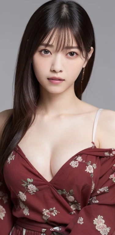 1 female, Updo, (Ultra Realistic, High resolution), (Highly detailed eyes, Highly detailed hair, Highly detailed face, Highly detailed plump lips), (off shoulder with open chest), chest, Upper Body, Looking for a Smile, (highest quality:1.4), RAW Photos, (Realistic, photo-Realistic:1.37), Professional photography, Cinematic Light, (Very beautiful face: 1.2),非常に大きなchest、chestの谷間、Voluptuous thighs、Right eye is blue、Left eye is red、Pictured from head to knee