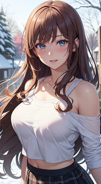 ((masterpiece, best quality, highres, UHD, perfect pixel, depth of field, 4k, RTX, HDR))), 1girl, single, solo, beautiful anime girl, beautiful artstyle, anime character, ((very long hair, bangs, light brown hair, curly hair:1.2)), ((Light blue eyes:1.4, rounded eyes,Shining eyes Beautiful eyelashes, realistic eyes)), ((detailed face, blushing:1.2)), ((smooth texture:0.75, realistic texture:0.65, photorealistic:1.1, anime CG style)), medium breasts, dynamic angle, perfect body, ((POV, dynamic pose, portrait)), (( white Tshirt:1.2, black skirt, plaid skirt、puffy nipples)), smile, open mouth, A blanket of snow:1.6、Trees covered with snow、(Off the shoulder:1.3)、Glowing Skin、midriff peek、pink Lip、View your viewers