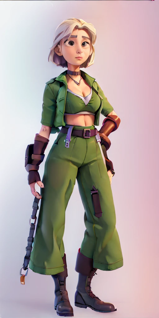((Plain background 1:2)) (Cammy White Street Fighter white silver short bob haircut) Female full body standing straight symmetrical looking to the viewer RED full body armored (handcuffs, shackles, rerebrace, faulds, poleyn, gauntlets, leather collar choker, gloves, gauntlets, high boots bootstraps, long stockings) 2 crossing big belt under belly button, navel, abs, garter straps belts attaching bra ((hands on hips)) view from below, wide hips - choppy bangs, arched crescent eyebrows, sharp and determined eyes, a delicate oval face, a serious expression, a fantasy-style dark green military coat, draped with a dark red cloak, leather combat boots, leggings with garters belts straps attaching to the waist, this character embodies a finely crafted fantasy style female military officer in anime style, exquisite and mature manga art style, pale skin, big breast knockers cleavage