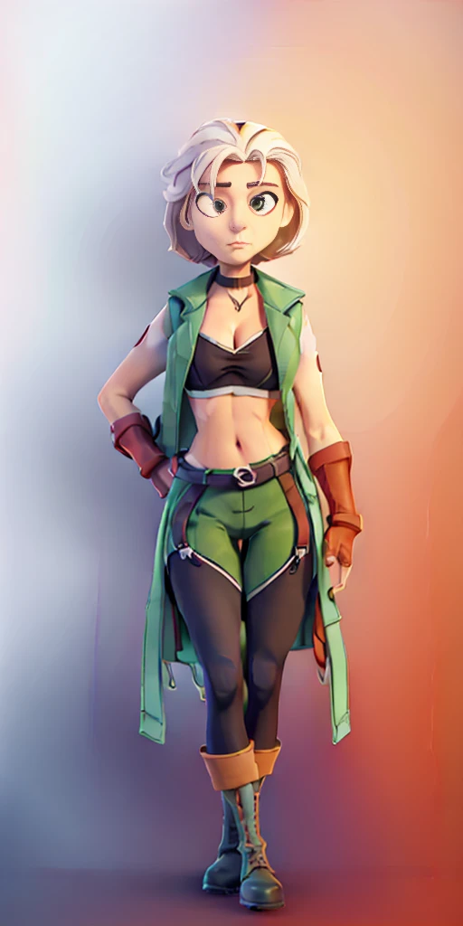 ((Plain background 1:2)) (Cammy White Street Fighter white silver short bob haircut) Female full body standing straight symmetrical looking to the viewer RED full body armored (handcuffs, shackles, rerebrace, faulds, poleyn, gauntlets, leather collar choker, gloves, gauntlets, high boots bootstraps, long stockings) 2 crossing big belt under belly button, navel, abs, garter straps belts attaching bra ((hands on hips)) view from below, wide hips - choppy bangs, arched crescent eyebrows, sharp and determined eyes, a delicate oval face, a serious expression, a fantasy-style dark green military coat, draped with a dark red cloak, leather combat boots, leggings with garters belts straps attaching to the waist, this character embodies a finely crafted fantasy style female military officer in anime style, exquisite and mature manga art style, pale skin, big breast knockers cleavage