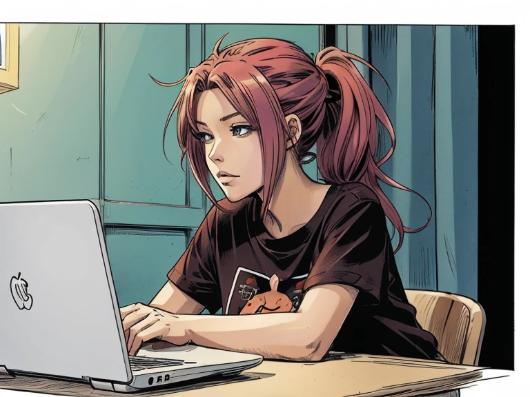 An anime woman, colored hair loose bun, t-shirt, with laptop,