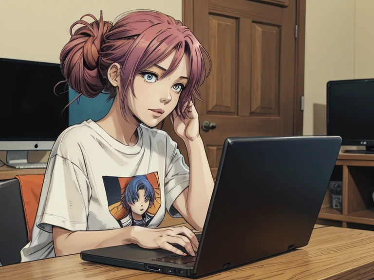 An anime woman, colored hair loose bun, t-shirt, with laptop,