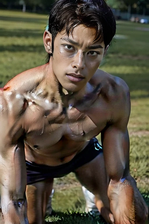 Boy on rugby field,sweat leggs,Photos during exercise, topless masculine,Exquisite facial features,virile,musculature,rich facial detail((micro thong ))closeup cleavage , sexy , NSFW. ,eroticism , erect nipples. Long hard nipples , swollen nipples , full length shot(fls) , sexy ,NSFW , eroticism , blushed face , kneeling Infront of me , choking the neck