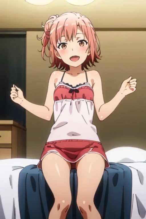((highest quality)), ((masterpiece)), (be familiar with), Perfect Face, indoor, Bedroom, Watching the audience,
One woman, Yuigahama Yui,
Open Mouth, Ecstatic expression, blush, smile,
Small , Flat , Young Girl, , , Girl,
Short Hair, Salmon-colored hair, Salmon-colored eyes, Side Pony,
Leg spread,