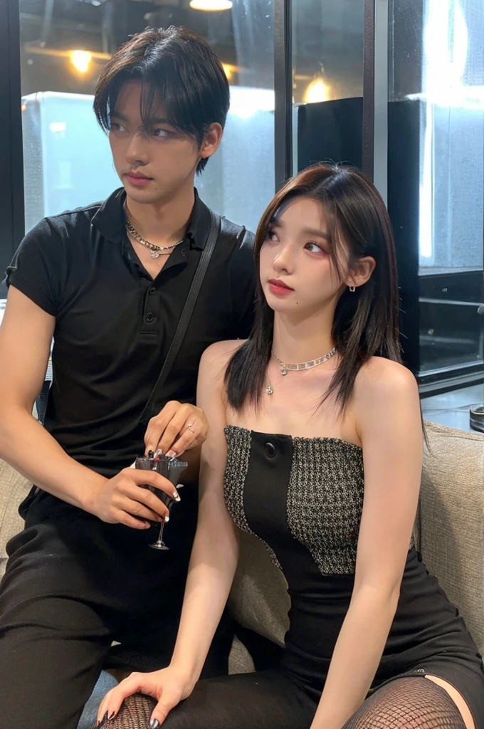 침대에 있는 여자 1 person, 1 person, couple, short hair, medium chest, black hair, bare shoulders, women jewelry accessories, brown eyes, Nail art, pantyhose, parted Lips, inside, black tight dress, Lips, book, Shirts and pants worn by men, Officetel, lover, Skinship between a man and a woman, face to face conversation, embarrassing
