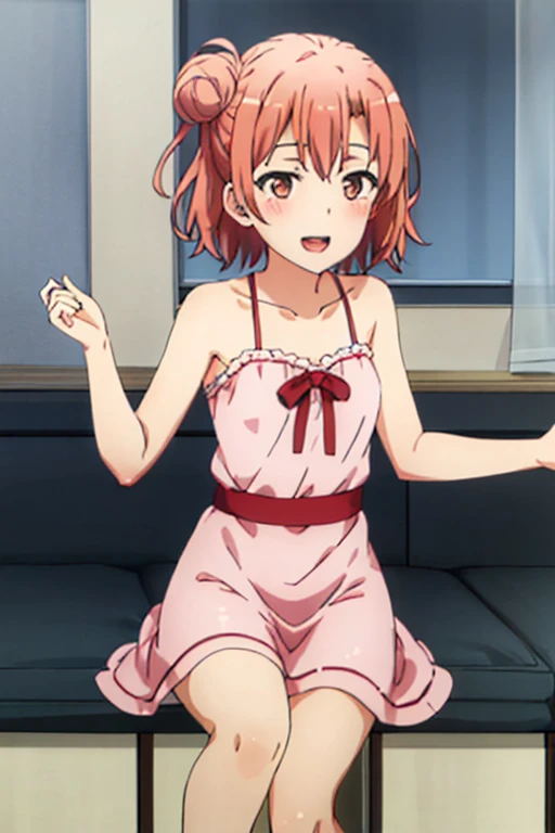 ((highest quality)), ((masterpiece)), (be familiar with), Perfect Face, indoor, Bedroom, Watching the audience,
One woman, Yuigahama Yui,
Open Mouth, Ecstatic expression, blush, smile,
Small breasts, Flat Chest, Young Girl, , , Girl,
Short Hair, Salmon-colored hair, Salmon-colored eyes, Side Pony,
Leg spread,