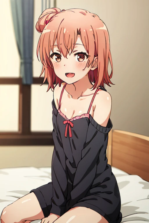 ((highest quality)), ((masterpiece)), (be familiar with), Perfect Face, indoor, Bedroom, Watching the audience,
One woman, Yuigahama Yui,
Open Mouth, Ecstatic expression, blush, smile,
Small breasts, Flat Chest, Young Girl, , , Girl,
Short Hair, Salmon-colored hair, Salmon-colored eyes, Side Pony,
Leg spread,