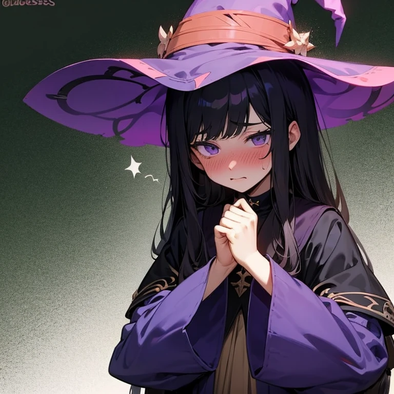 Witch. Black hair. Purple eyes. Black magic. age. Sleevless outfit. Blush. Embarrassed