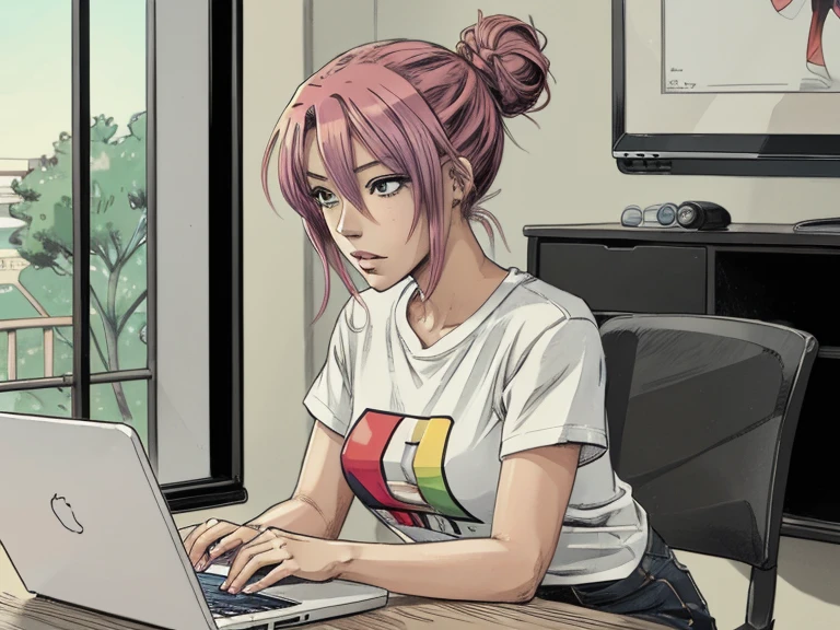 An anime woman, colored hair loose bun, t-shirt, with laptop, blushed, sexual tension