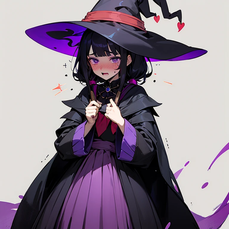 Witch. Black hair. Purple eyes. Black magic. age. Sleevless outfit. Blush. Embarrassed