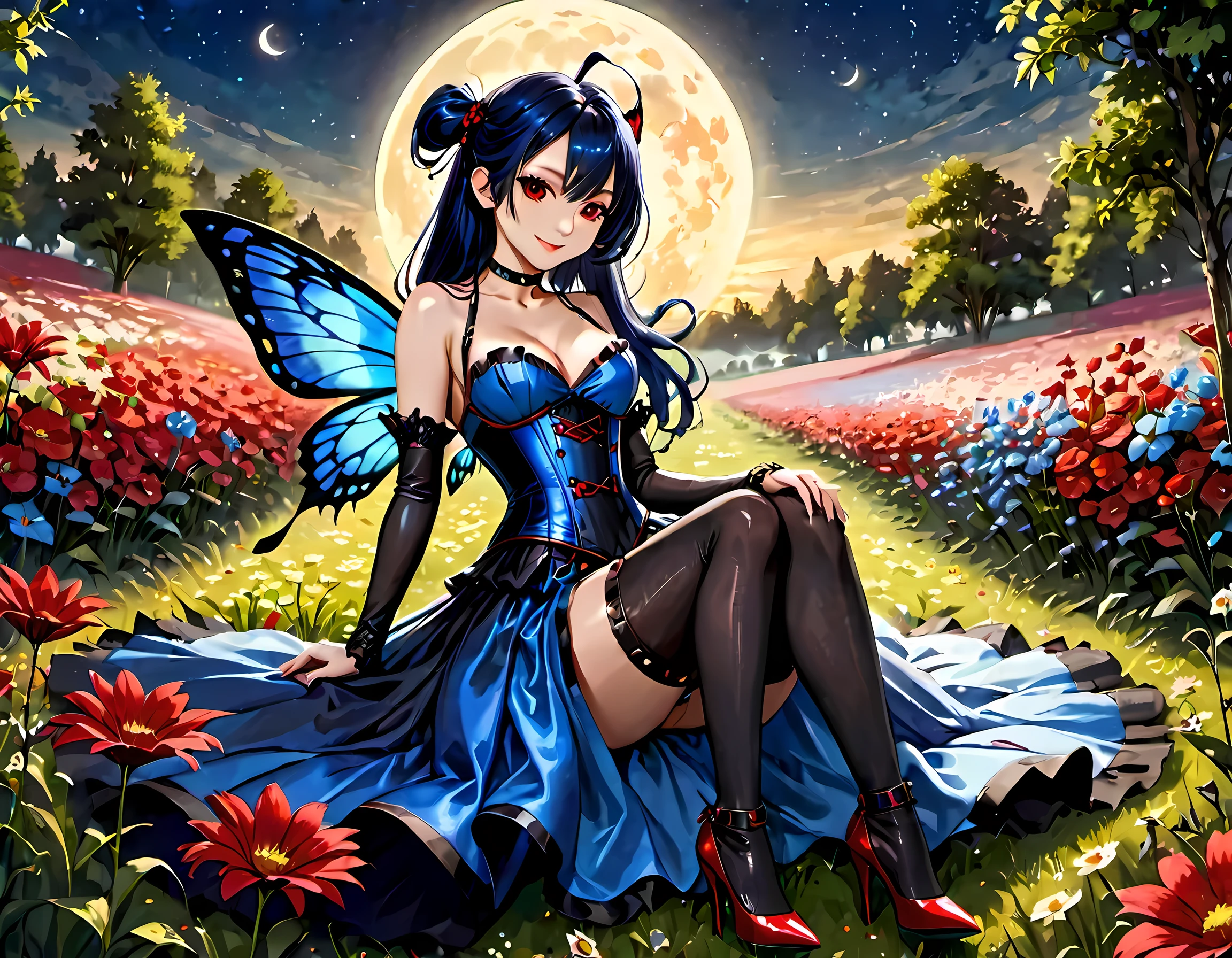 high details, best quality, 16k, RAW, [best detailed], masterpiece, best quality, (extremely detailed), full body, ultra wide shot, photorealistic, dark fantasy art, goth art, RPG art, D&D art, a picture of a dark female fairy resting in a flower meadow, extremely beautiful fairy, ultra feminine (intense details, Masterpiece, best quality), best detailed face (intense details, Masterpiece, best quality), having wide butterfly wings, spread butterfly wings (intense details, Masterpiece, best quality: 1.3), (blue: 1.5)  colors wings (intense details, Masterpiece, best quality), (dark blue) hair, long hair, shinning hair, flowing hair, shy smile, innocent smile, (red: 1.3) eyes, dark blue lips, wearing [white] dress latex corset (intense details, Masterpiece, best quality), dynamic elegant shirt, chocker, wearing (blue: 1.3) high heels, in various shades of red colored flower meadow (intense details, Masterpiece, best quality), (red flowers: 1.2) , (black flowers: 1.2), (white flowers: 1.2), (blue flowers: 1.3) [extreme many flowers] (intense details, Masterpiece, best quality), dark colorful flowers (intense details, Masterpiece, best quality), flower meadow in a dark goth field background, night time, moon rising, dim light, cinematic light, High Detail, Ultra High Quality, High Resolution, 16K Resolution, Ultra HD Pictures, 3D rendering Ultra Realistic, Clear Details, Realistic Detail, Ultra High Definition, #chinese cloth, dungeons and dragons, DonMDr4g0nXL