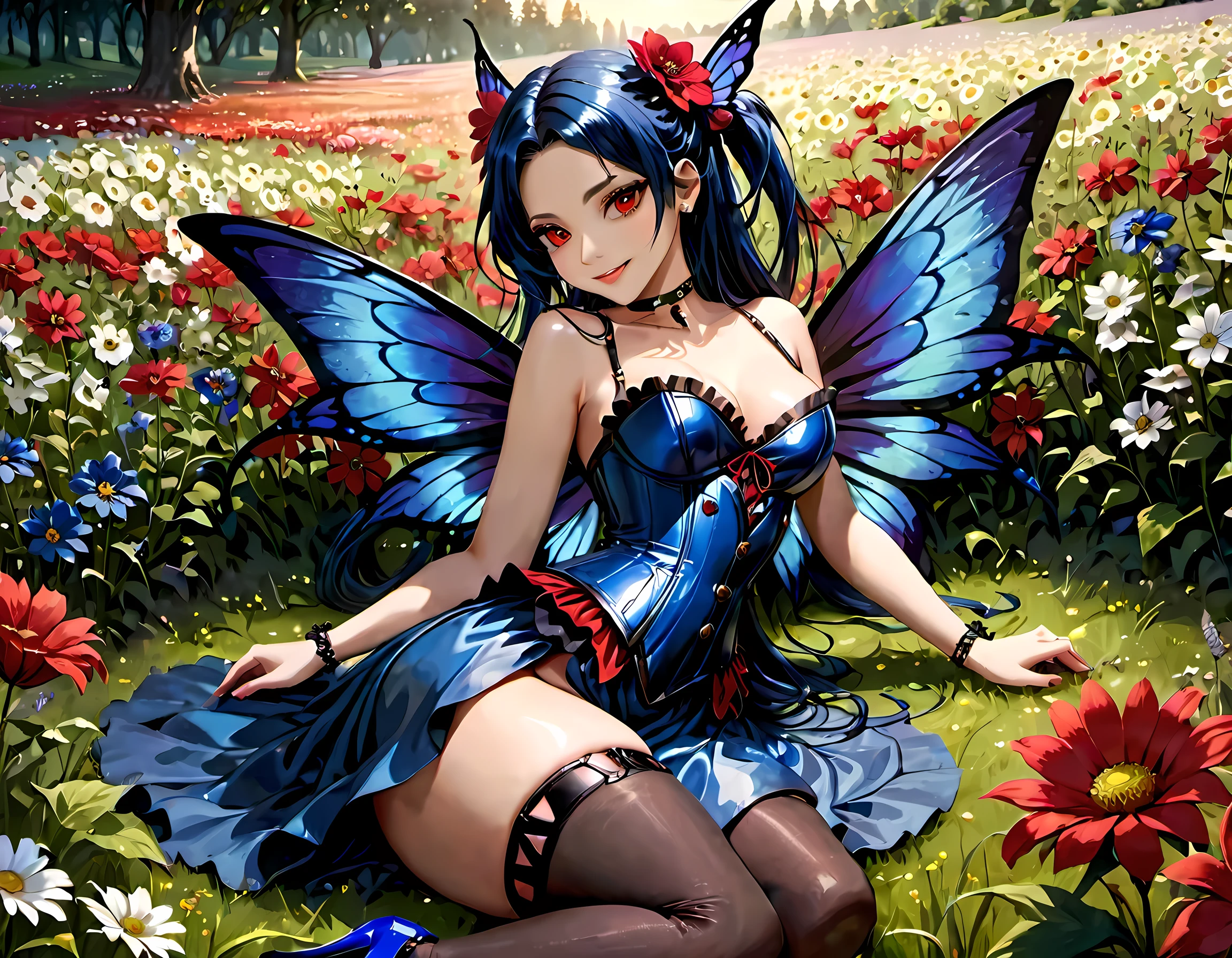 high details, best quality, 16k, RAW, [best detailed], masterpiece, best quality, (extremely detailed), full body, ultra wide shot, photorealistic, dark fantasy art, goth art, RPG art, D&D art, a picture of a dark female fairy resting in a flower meadow, extremely beautiful fairy, ultra feminine (intense details, Masterpiece, best quality), best detailed face (intense details, Masterpiece, best quality), having wide butterfly wings, spread butterfly wings (intense details, Masterpiece, best quality: 1.3), (blue: 1.5)  colors wings (intense details, Masterpiece, best quality), (dark blue) hair, long hair, shinning hair, flowing hair, shy smile, innocent smile, (red: 1.3) eyes, dark blue lips, wearing [white] dress latex corset (intense details, Masterpiece, best quality), dynamic elegant shirt, chocker, wearing (blue: 1.3) high heels, in various shades of red colored flower meadow (intense details, Masterpiece, best quality), (red flowers: 1.2) , (black flowers: 1.2), (white flowers: 1.2), (blue flowers: 1.3) [extreme many flowers] (intense details, Masterpiece, best quality), dark colorful flowers (intense details, Masterpiece, best quality), flower meadow in a dark goth field background, night time, moon rising, dim light, cinematic light, High Detail, Ultra High Quality, High Resolution, 16K Resolution, Ultra HD Pictures, 3D rendering Ultra Realistic, Clear Details, Realistic Detail, Ultra High Definition, #chinese cloth, dungeons and dragons, DonMDr4g0nXL