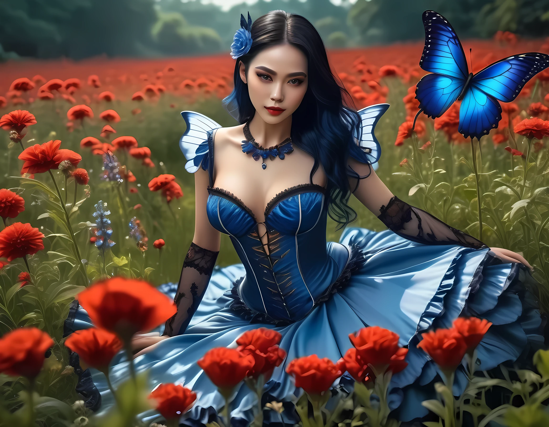 high details, best quality, 16k, RAW, [best detailed], masterpiece, best quality, (extremely detailed), full body, ultra wide shot, photorealistic, dark fantasy art, goth art, RPG art, D&D art, a picture of a dark female fairy resting in a flower meadow, extremely beautiful fairy, ultra feminine (intense details, Masterpiece, best quality), best detailed face (intense details, Masterpiece, best quality), having wide butterfly wings, spread butterfly wings (intense details, Masterpiece, best quality: 1.3), (blue: 1.5)  colors wings (intense details, Masterpiece, best quality), (dark blue) hair, long hair, shinning hair, flowing hair, shy smile, innocent smile, (red: 1.3) eyes, dark blue lips, wearing [white] dress latex corset (intense details, Masterpiece, best quality), dynamic elegant shirt, chocker, wearing (blue: 1.3) high heels, in various shades of red colored flower meadow (intense details, Masterpiece, best quality), (red flowers: 1.2) , (black flowers: 1.2), (white flowers: 1.2), (blue flowers: 1.3) [extreme many flowers] (intense details, Masterpiece, best quality), dark colorful flowers (intense details, Masterpiece, best quality), flower meadow in a dark goth field background, night time, moon rising, dim light, cinematic light, High Detail, Ultra High Quality, High Resolution, 16K Resolution, Ultra HD Pictures, 3D rendering Ultra Realistic, Clear Details, Realistic Detail, Ultra High Definition, #chinese cloth, dungeons and dragons, DonMDr4g0nXL