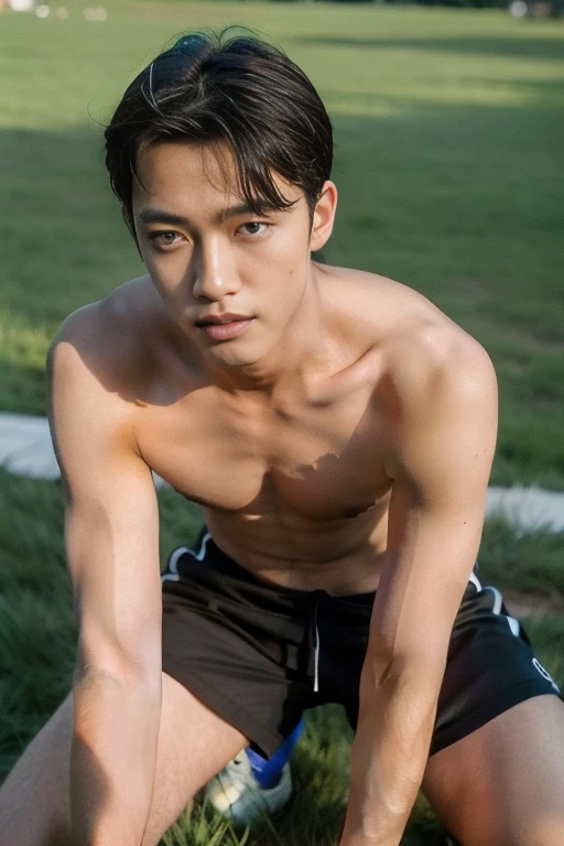 Boy on rugby field，sweat leggs，Photos during exercise, topless masculine，Exquisite facial features，virile，musculature，rich facial detail（（micro thong ））closeup cleavage , sexy , NSFW. ,eroticism , erect nipples. Long hard nipples , swollen nipples , full length shot(fls) , sexy ,NSFW , eroticism ,  blushed face , kneeling Infront of me ,  ((pov from my crotch)) , grins, handsome