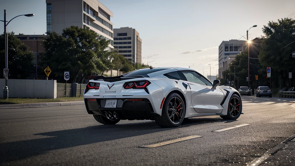 2023 Chevrolet Corvette Stingray , white, on road in city , 4k, photorealistic , real photo,ultra-detailed,realistic,dynamic lighting