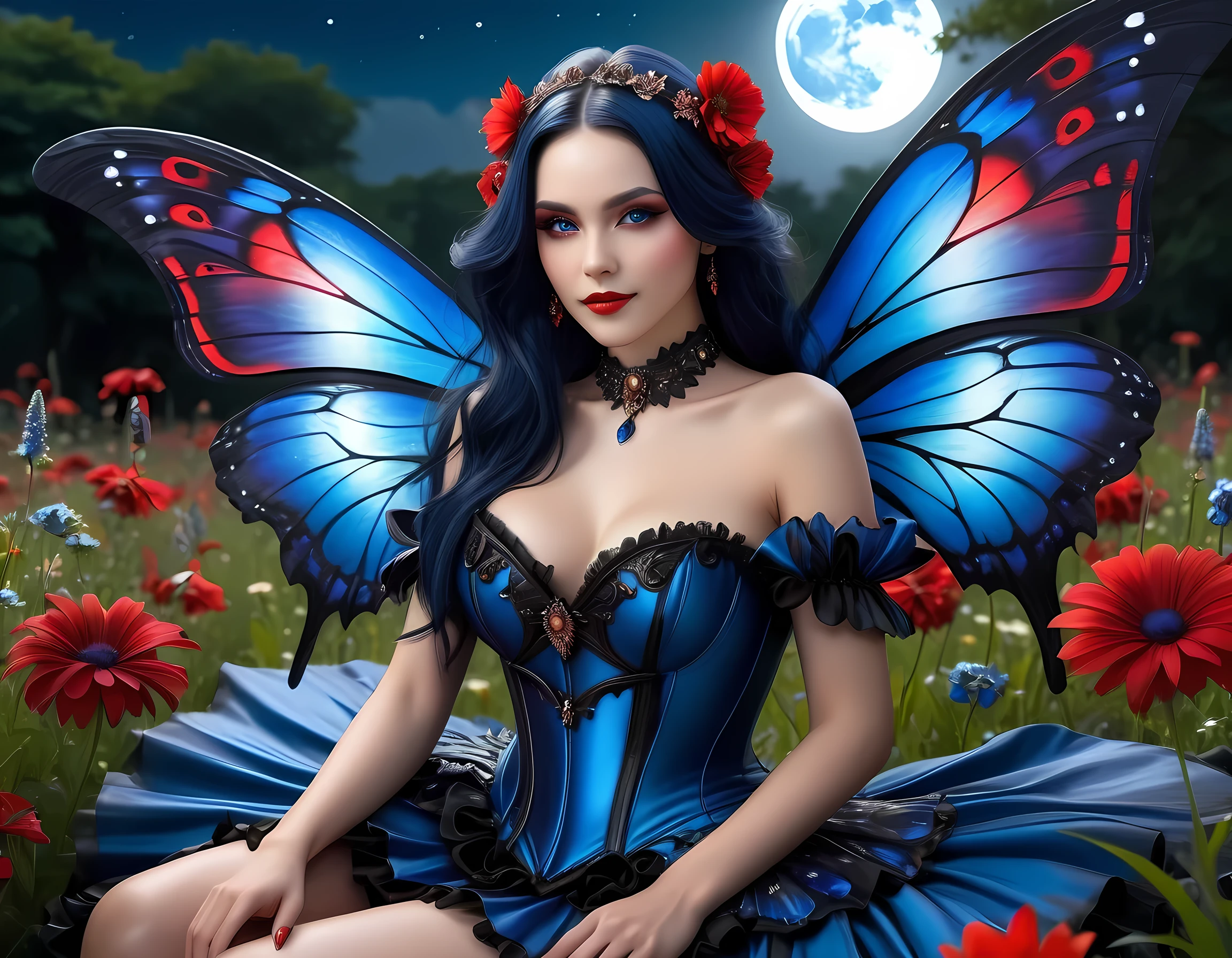 high details, best quality, 16k, RAW, [best detailed], masterpiece, best quality, (extremely detailed), full body, ultra wide shot, photorealistic, dark fantasy art, goth art, RPG art, D&D art, a picture of a dark female fairy resting in a flower meadow, extremely beautiful fairy, ultra feminine (intense details, Masterpiece, best quality), best detailed face (intense details, Masterpiece, best quality), having wide butterfly wings, spread butterfly wings (intense details, Masterpiece, best quality: 1.3), (blue: 1.5)  colors wings (intense details, Masterpiece, best quality), (dark blue) hair, long hair, shinning hair, flowing hair, shy smile, innocent smile, (red: 1.3) eyes, dark blue lips, wearing [white] dress latex corset (intense details, Masterpiece, best quality), dynamic elegant shirt, chocker, wearing (blue: 1.3) high heels, in various shades of red colored flower meadow (intense details, Masterpiece, best quality), (red flowers: 1.2) , (black flowers: 1.2), (white flowers: 1.2), (blue flowers: 1.3) [extreme many flowers] (intense details, Masterpiece, best quality), dark colorful flowers (intense details, Masterpiece, best quality), flower meadow in a dark goth field background, night time, moon rising, dim light, cinematic light, High Detail, Ultra High Quality, High Resolution, 16K Resolution, Ultra HD Pictures, 3D rendering Ultra Realistic, Clear Details, Realistic Detail, Ultra High Definition, #chinese cloth, dungeons and dragons, DonMDr4g0nXL