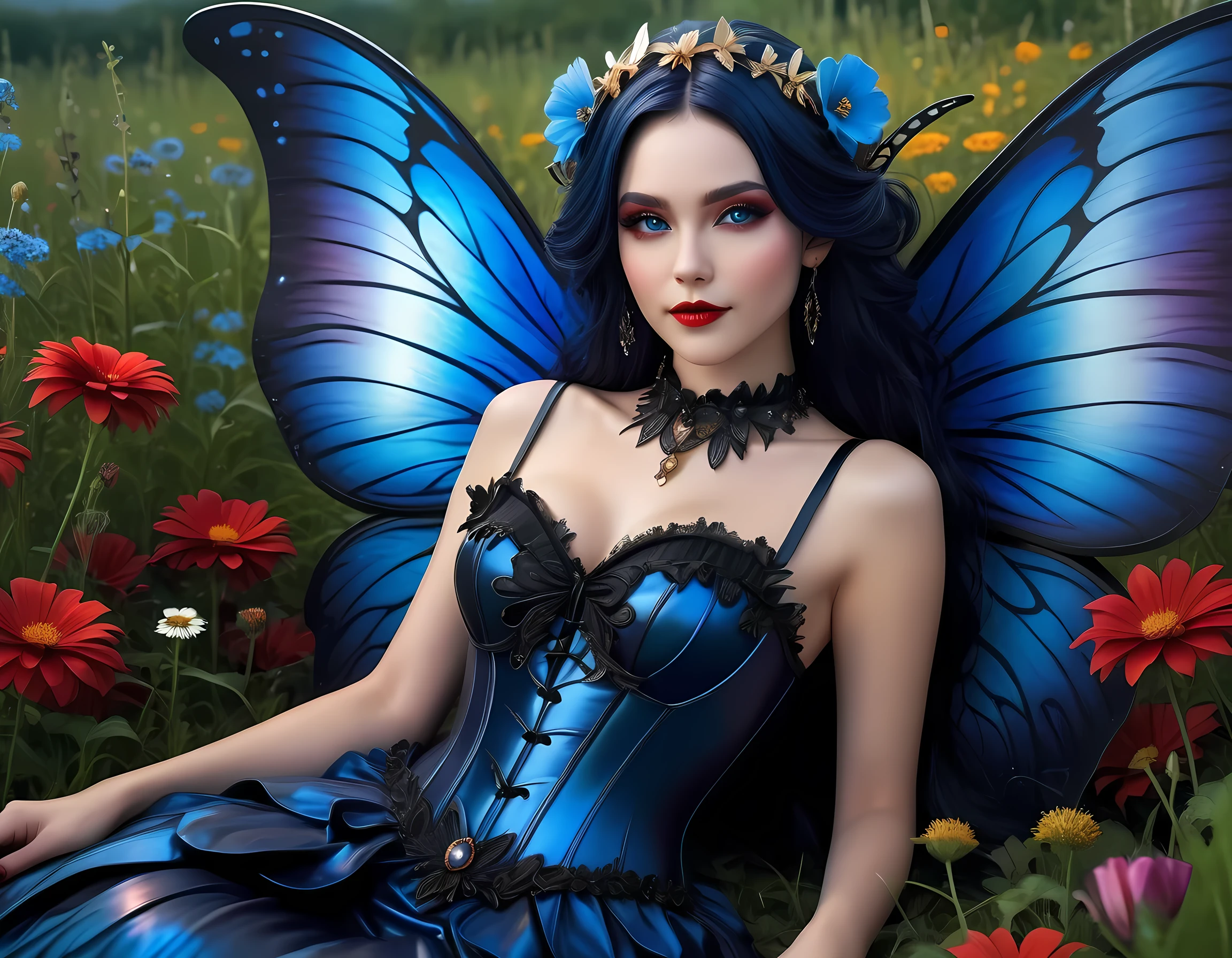 high details, best quality, 16k, RAW, [best detailed], masterpiece, best quality, (extremely detailed), full body, ultra wide shot, photorealistic, dark fantasy art, goth art, RPG art, D&D art, a picture of a dark female fairy resting in a flower meadow, extremely beautiful fairy, ultra feminine (intense details, Masterpiece, best quality), best detailed face (intense details, Masterpiece, best quality), having wide butterfly wings, spread butterfly wings (intense details, Masterpiece, best quality: 1.3), (blue: 1.5)  colors wings (intense details, Masterpiece, best quality), (dark blue) hair, long hair, shinning hair, flowing hair, shy smile, innocent smile, (red: 1.3) eyes, dark blue lips, wearing [white] dress latex corset (intense details, Masterpiece, best quality), dynamic elegant shirt, chocker, wearing (blue: 1.3) high heels, in various shades of red colored flower meadow (intense details, Masterpiece, best quality), (red flowers: 1.2) , (black flowers: 1.2), (white flowers: 1.2), (blue flowers: 1.3) [extreme many flowers] (intense details, Masterpiece, best quality), dark colorful flowers (intense details, Masterpiece, best quality), flower meadow in a dark goth field background, night time, moon rising, dim light, cinematic light, High Detail, Ultra High Quality, High Resolution, 16K Resolution, Ultra HD Pictures, 3D rendering Ultra Realistic, Clear Details, Realistic Detail, Ultra High Definition, #chinese cloth, dungeons and dragons, DonMDr4g0nXL