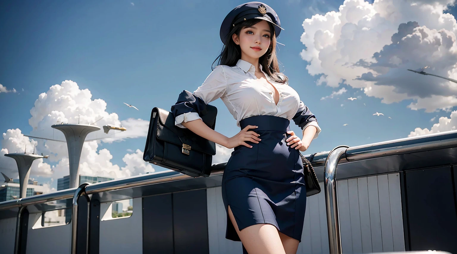 (8K high image quality), (top-quality), (RAW image quality),(masutepiece:1.2), (Realistic), (Photorealistic:1.37), ,largeeyes,long eyelasher,（Live-action realistic style）,The Ultimate Face,Photorealistic light and shadow,Clear facial features,,Fair skin, ）,(The Ultimate Face,Extraordinary beauty),Best portraits, 1-girl,Beautiful detailed eyes,highlydetailed skin,(Beautiful face with double eyelids), (Realism: 1.4),((fullbody image)) ,delicate and beautiful face,,Female about 20 years old,(Beautiful Face 1.4),medium hair length,,(lipsticks,Lame around the eyes,earring beautiful),((Shot inside the airport)),(Flight attendant uniforms)),,(Flight attendants in uniform),,(3/4 Length),Shoot head-on,,Close-range shooting,(()),(((Show your audience your best smile))),Lightly dressed flight attendants,Expose the bra a little,((Stand at the airport)),The navel is visible,(standing model pose),Wear a flight attendant scarf
