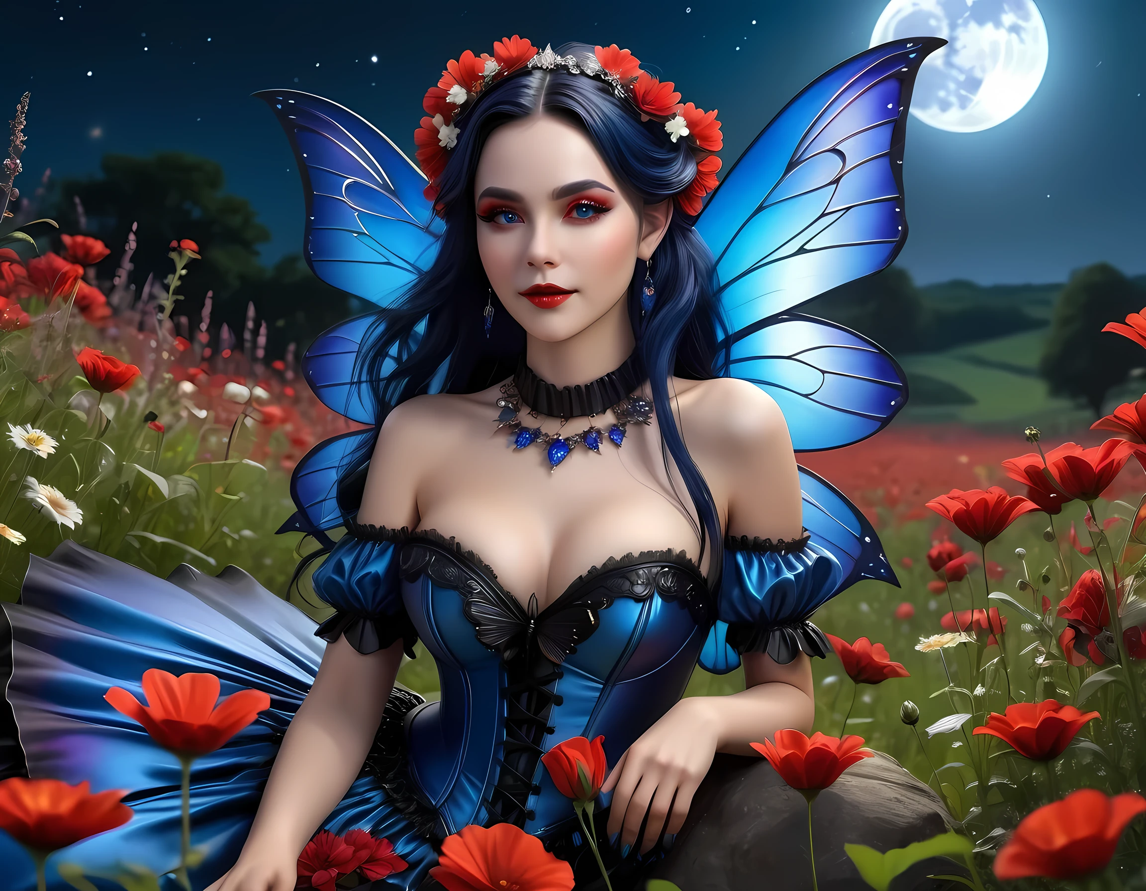 high details, best quality, 16k, RAW, [best detailed], masterpiece, best quality, (extremely detailed), full body, ultra wide shot, photorealistic, dark fantasy art, goth art, RPG art, D&D art, a picture of a dark female fairy resting in a flower meadow, extremely beautiful fairy, ultra feminine (intense details, Masterpiece, best quality), best detailed face (intense details, Masterpiece, best quality), having wide butterfly wings, spread butterfly wings (intense details, Masterpiece, best quality: 1.3), (blue: 1.5)  colors wings (intense details, Masterpiece, best quality), (dark blue) hair, long hair, shinning hair, flowing hair, shy smile, innocent smile, (red: 1.3) eyes, dark blue lips, wearing [white] dress latex corset (intense details, Masterpiece, best quality), dynamic elegant shirt, chocker, wearing (blue: 1.3) high heels, in various shades of red colored flower meadow (intense details, Masterpiece, best quality), (red flowers: 1.2) , (black flowers: 1.2), (white flowers: 1.2), (blue flowers: 1.3) [extreme many flowers] (intense details, Masterpiece, best quality), dark colorful flowers (intense details, Masterpiece, best quality), flower meadow in a dark goth field background, night time, moon rising, dim light, cinematic light, High Detail, Ultra High Quality, High Resolution, 16K Resolution, Ultra HD Pictures, 3D rendering Ultra Realistic, Clear Details, Realistic Detail, Ultra High Definition, #chinese cloth, dungeons and dragons, DonMDr4g0nXL