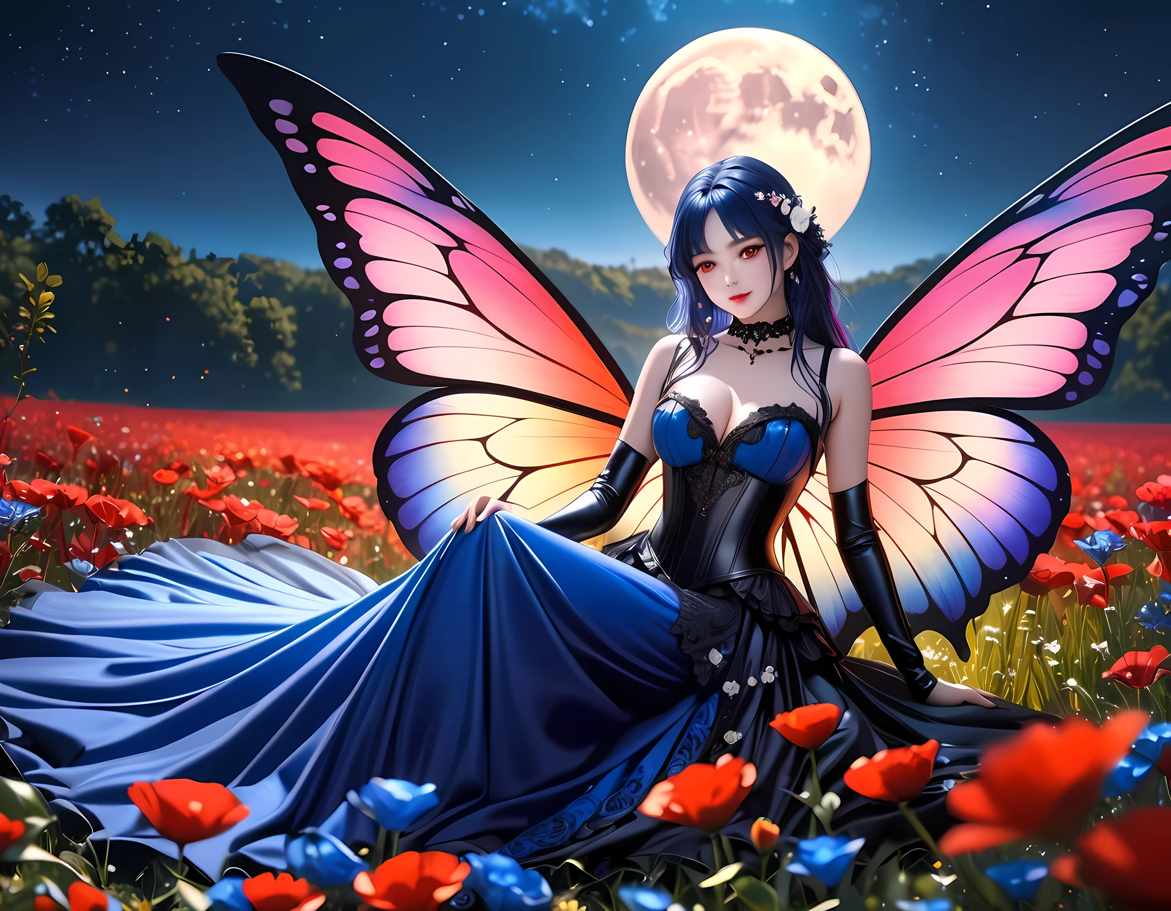 high details, best quality, 16k, RAW, [best detailed], masterpiece, best quality, (extremely detailed), full body, ultra wide shot, photorealistic, dark fantasy art, goth art, RPG art, D&D art, a picture of a dark female fairy resting in a flower meadow, extremely beautiful fairy, ultra feminine (intense details, Masterpiece, best quality), best detailed face (intense details, Masterpiece, best quality), having wide butterfly wings, spread butterfly wings (intense details, Masterpiece, best quality: 1.3), (blue: 1.5)  colors wings (intense details, Masterpiece, best quality), (dark blue) hair, long hair, shinning hair, flowing hair, shy smile, innocent smile, (red: 1.3) eyes, dark blue lips, wearing [white] dress latex corset (intense details, Masterpiece, best quality), dynamic elegant shirt, chocker, wearing (blue: 1.3) high heels, in various shades of red colored flower meadow (intense details, Masterpiece, best quality), (red flowers: 1.2) , (black flowers: 1.2), (white flowers: 1.2), (blue flowers: 1.3) [extreme many flowers] (intense details, Masterpiece, best quality), dark colorful flowers (intense details, Masterpiece, best quality), flower meadow in a dark goth field background, night time, moon rising, dim light, cinematic light, High Detail, Ultra High Quality, High Resolution, 16K Resolution, Ultra HD Pictures, 3D rendering Ultra Realistic, Clear Details, Realistic Detail, Ultra High Definition, #chinese cloth, dungeons and dragons, DonMDr4g0nXL