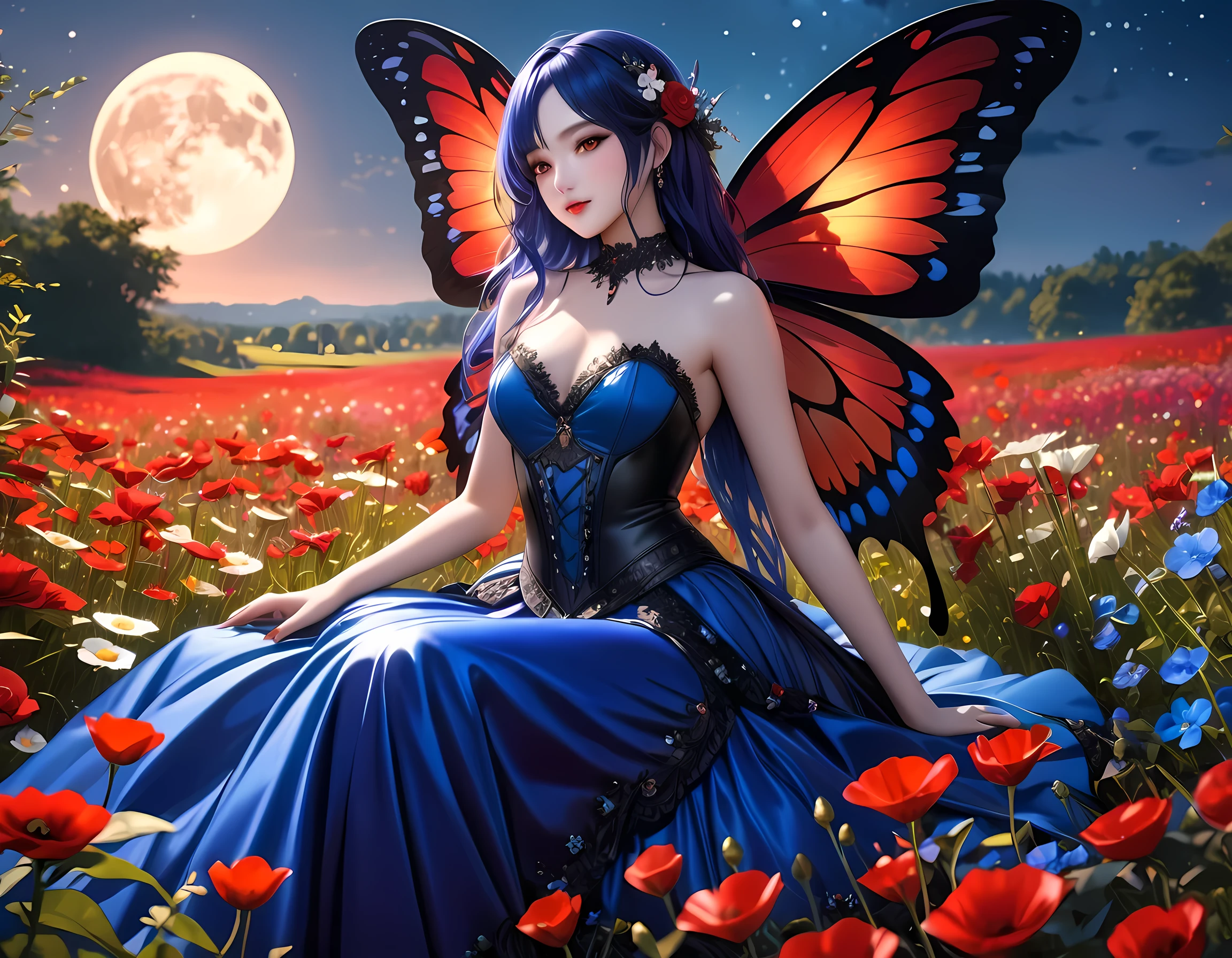 high details, best quality, 16k, RAW, [best detailed], masterpiece, best quality, (extremely detailed), full body, ultra wide shot, photorealistic, dark fantasy art, goth art, RPG art, D&D art, a picture of a dark female fairy resting in a flower meadow, extremely beautiful fairy, ultra feminine (intense details, Masterpiece, best quality), best detailed face (intense details, Masterpiece, best quality), having wide butterfly wings, spread butterfly wings (intense details, Masterpiece, best quality: 1.3), (blue: 1.5)  colors wings (intense details, Masterpiece, best quality), (dark blue) hair, long hair, shinning hair, flowing hair, shy smile, innocent smile, (red: 1.3) eyes, dark blue lips, wearing [white] dress latex corset (intense details, Masterpiece, best quality), dynamic elegant shirt, chocker, wearing (blue: 1.3) high heels, in various shades of red colored flower meadow (intense details, Masterpiece, best quality), (red flowers: 1.2) , (black flowers: 1.2), (white flowers: 1.2), (blue flowers: 1.3) [extreme many flowers] (intense details, Masterpiece, best quality), dark colorful flowers (intense details, Masterpiece, best quality), flower meadow in a dark goth field background, night time, moon rising, dim light, cinematic light, High Detail, Ultra High Quality, High Resolution, 16K Resolution, Ultra HD Pictures, 3D rendering Ultra Realistic, Clear Details, Realistic Detail, Ultra High Definition, #chinese cloth, dungeons and dragons, DonMDr4g0nXL