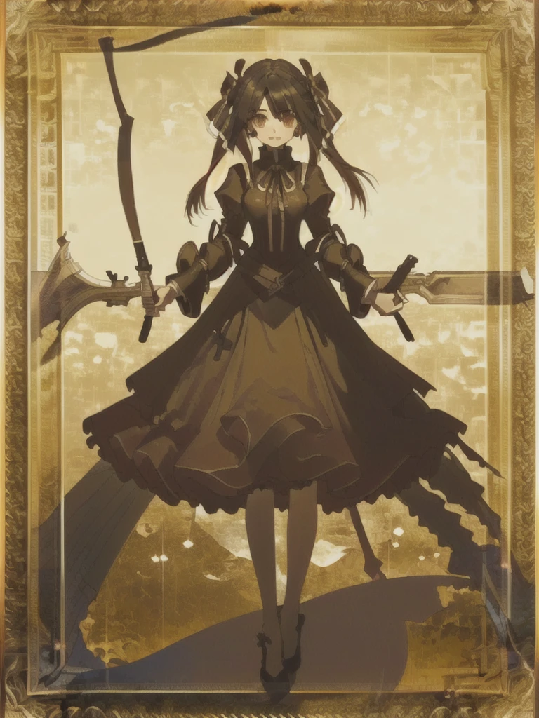 un primer plano de una pintura de una persona con un cuchillo, huge scythe, scythe, segador de la noche!!!!, fantasy scythe, wielding scythe, man with scythe, scythe design, [ carta de tarot ]!!!!!, holding a scythe, golden art nouveau scythe blade, el segador como un miedo, ganador afortunado, hermoso dios masculino de la muerte, ((((gran calidad ++ Extremely detailed high resolution)))), (((very aesthetic))), ojos expresivos, (((Cara perfecta))), (((face symmetrical))), ((good anatomy)), (((manos perfectas))), (((8k))), UHD, Fondo de pantalla HD, (((alta calidra detallada, (((1girl))), ((((only silhouette)))), (((Date A Live))), (((Illyasviel von Einzbern))), (((fullbody))), ((((asymmetrical hair)))), ((((asymmetrical clothes)))), (((mature female))), (((blond and black hair))), ((((cuerpo completo)))), (((heterochromia))), (((cabello negro))), (((Milfication))), (((hembra madura))), (((hombros estrechos))), (((pechos grandes))), (((cintura estrecha))), (((****ta goth dress))), (((dress))), (((ribbon))), (((gothic fashion))), (((gothic))), (((Flintlock Pistol))), (((Musket))), ((((hands occupied)))), ((((holding arms)))), (((18 year old beautiful girl))), Dedos detallados, Dedos precisos, Manos no antinaturales, strange eye, ojos rojos, escote, colas gemelas de pelo negro,
