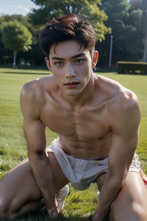 Boy on rugby field,sweat leggs,Photos during exercise, topless masculine,Exquisite facial features,virile,musculature,rich facial detail((micro thong ))closeup cleavage , sexy , NSFW. ,eroticism , erect nipples. Long hard nipples , swollen nipples , full length shot(fls) , sexy ,NSFW , eroticism , blushed face , kneeling Infront of me , ((pov from my crotch)) , grins, handsome