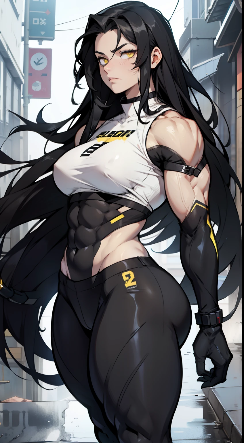 girl ((muscular)) thick thick thick black hair yellow eyes extremely long hair messy hair pale skin sad