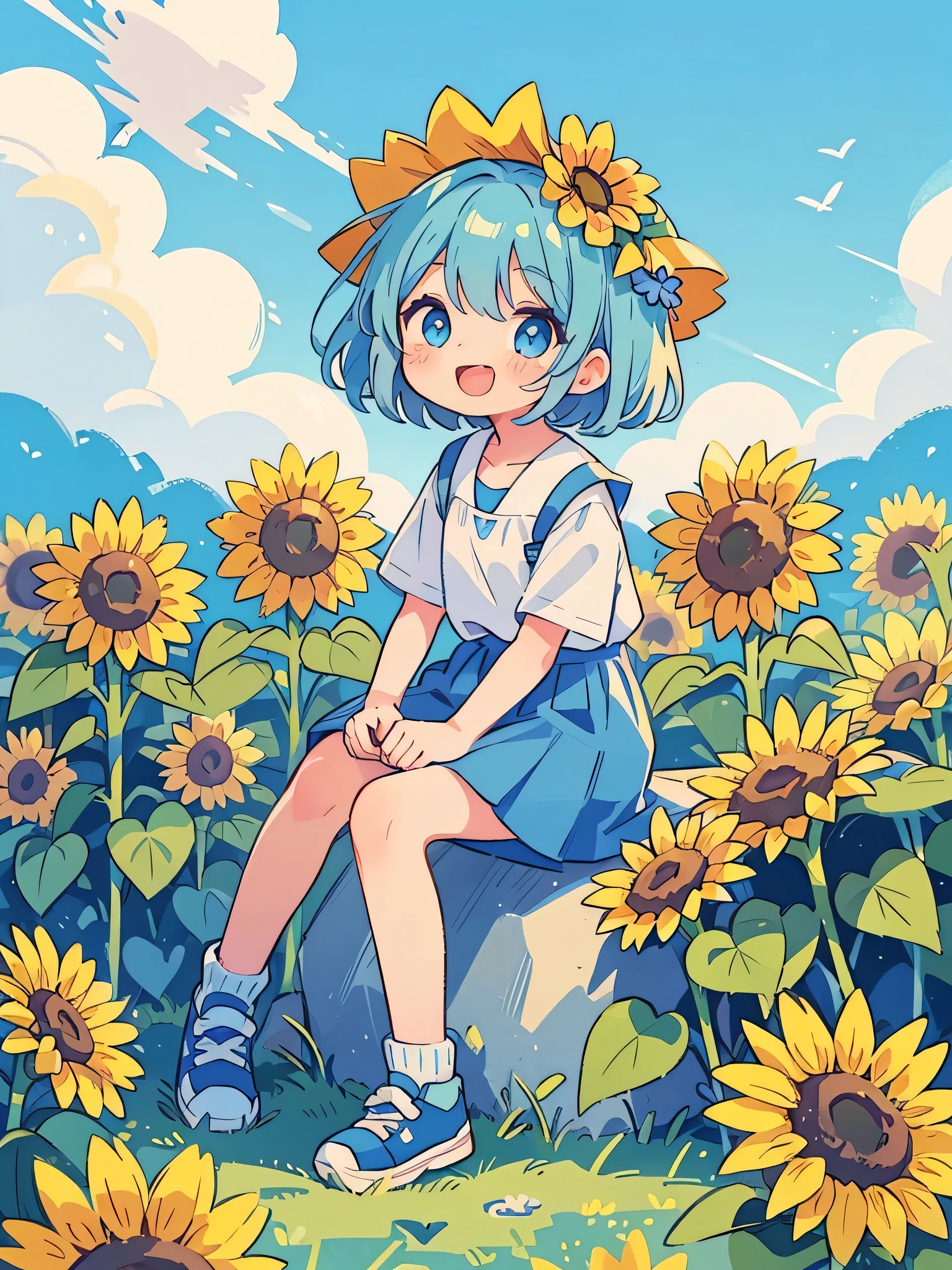super high quality Super high quality masterpiece short hair Girl Light blue hair The whole body is shown laughing Upper and lower body(1:1) summer blue sky sunflower Eye highlights look at the viewer, Sitting on a sunflower Short legs