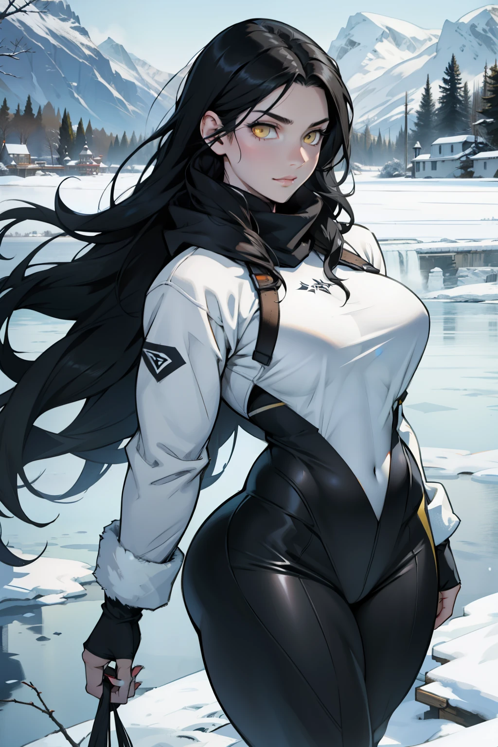 1 girl, black hair, yellow eyes, very long hair, pale skin, curvy, (extremely muscular), perky breasts, (winter clothes), frozen lake