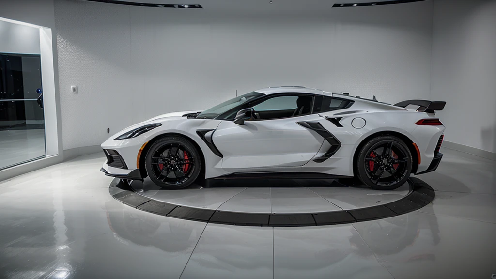 2023 Chevrolet Corvette Stingray , white, in showroom, 4k, photorealistic , real photo,ultra-detailed,realistic,dynamic lighting