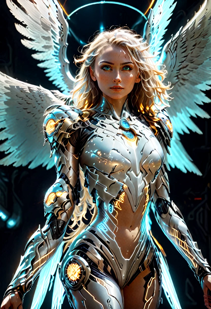 In the darkness, a woman's figure is illuminated by a circular light that frames her head, young  cyborgetic angelic female, complete body, Caucasian skin, short,  body, bio cyborg body, show cleavage, bio cyborg arm's, curved lips, long fire hair, bio cyborg legs, battle Valhalla background,  ultra detailed lighting, Translucent mechanical wing ,  ultrarealistic, 8k, neon Necroplamsically eyes, 