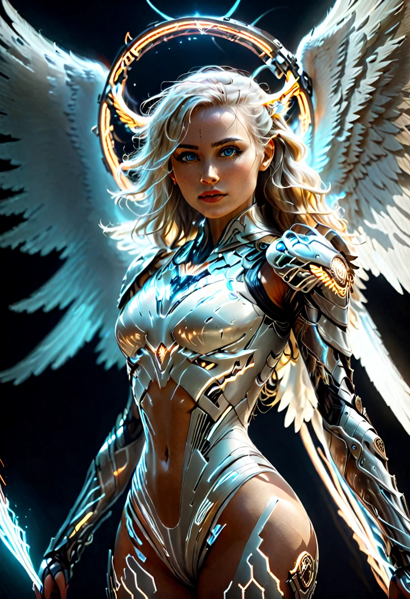 In the darkness, a woman's figure is illuminated by a circular light that frames her head, young  cyborgetic angelic female, complete body, Caucasian skin, short,  body, bio cyborg body, show cleavage, bio cyborg arm's, curved lips, long fire hair, bio cyborg legs, battle Valhalla background,  ultra detailed lighting, Translucent mechanical wing ,  ultrarealistic, 8k, neon Necroplamsically eyes, 