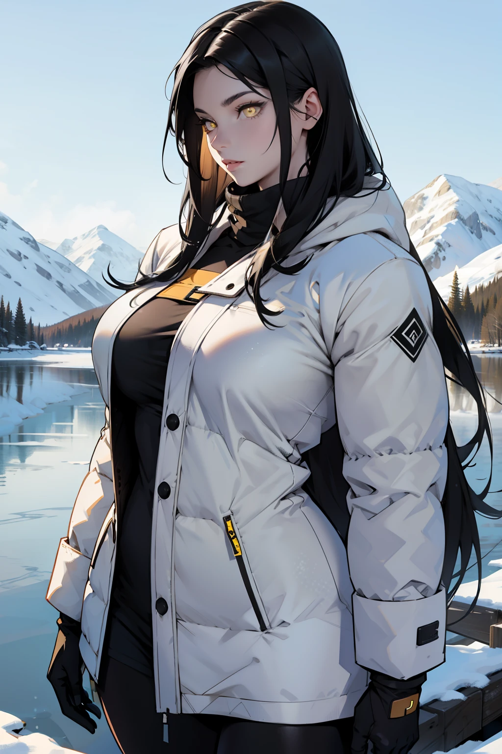 1 girl, black hair, yellow eyes, very long hair, pale skin, curvy, (extremely muscular), perky breasts, (winter clothes), frozen lake